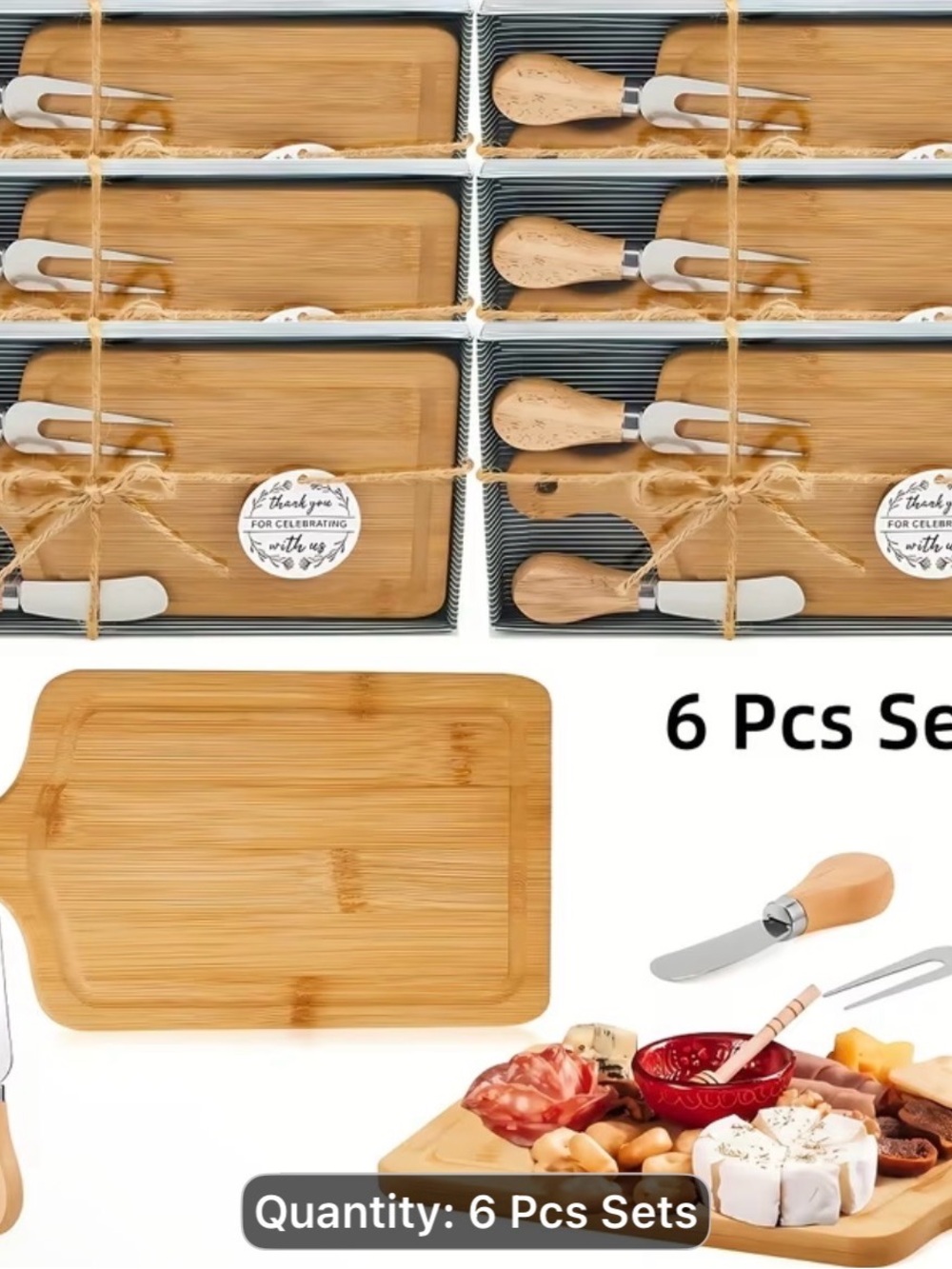 Set of 6 —-Bamboo Cheese & Charcuterie Board Set in Natural Wood